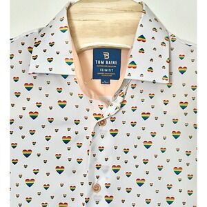 Tom Baine Performance Shirt Mens Large Pride Rainbow Hearts AOP Slim Fit Stretch